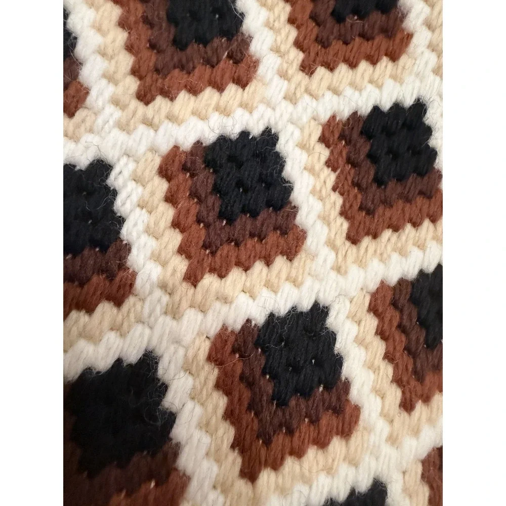 Vintage Latch Hook Rug Brown Cream Black Geometric Retro 1970s Wall Hanging